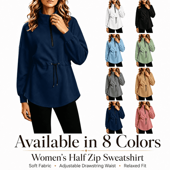 Aezemi Women Half Zip Shirts Loose Fit Collared Drawstring Elastic Waist Fashion Sports Outdoor Blouses Winter Fall Baggy Workout Exercise Dressy Work Pullover Tops M