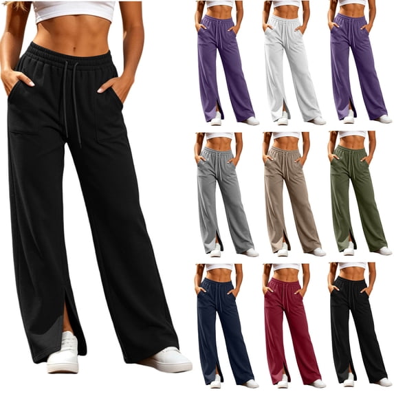 Aezemi Women High Waisted Long Sweatpants Split Hem Loose Fit Elastic Waist Drawstring All Match Trousers Fashion Casual Palazzo Fall Spring Trendy Pants with Pockets XL