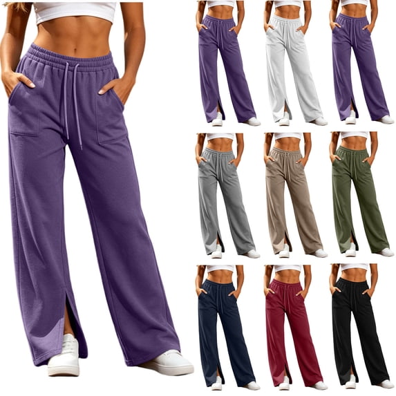 Aezemi Women High Waisted Long Sweatpants Split Hem Loose Fit Elastic Waist Drawstring All Match Trousers Fashion Casual Palazzo Fall Spring Trendy Pants with Pockets XL