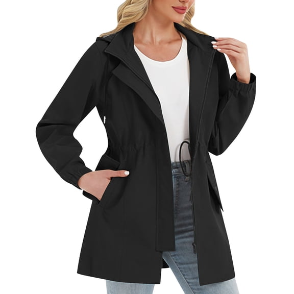 Aezemi Women Hooded Tunic Jackets Zip up Detachable Hooded Drawstring Lightweight Waterproof Workout Fashion Raincoats Full Zip Winter Fall Outdoor Sports Hiking Tunics Outfits with Pockets L