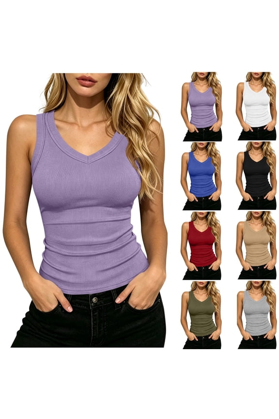 Women Knit Ribbed Tank Tops V Neck Sleeveless Slim Fit Fashion Cami Shirts Summer Workout Yoga Casual Layering Tees 3XL