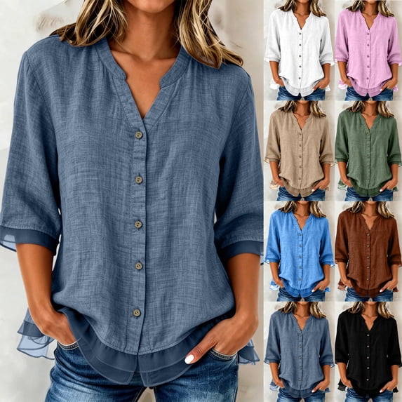 Aezemi Women Lace 3/4 Sleeve Blouses V Neck Button down Flowy Tunic Tops Summer Spring Office Fashion Outdoor Casual Tunics Blouses M