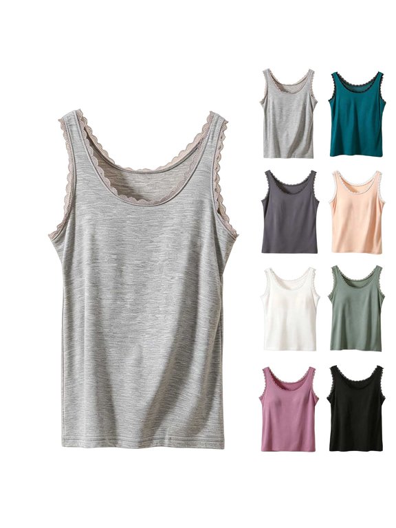 Women Lace Padded Cami Tops, Soft Sleeveless Built-in-Bras Round Neck Camisole, Casual Summer Home Comfy Tank Tops, L-4XL