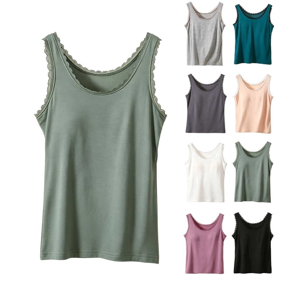 Aezemi Women Lace Padded Cami Tops, Soft Sleeveless Built-in-Bras Round Neck Camisole, Casual Summer Home Comfy Tank Tops, L-4XL