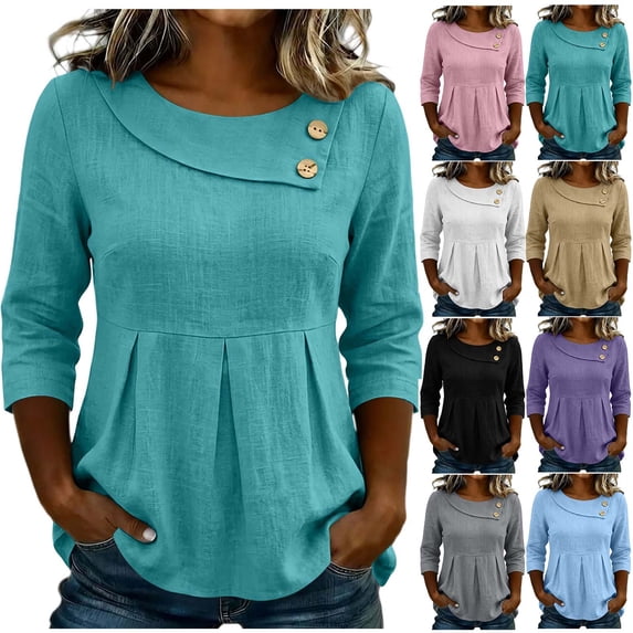 Aezemi Women Linen Cotton 3/4 Sleeve Shirts Pleated Round Neck Peplum Curved Hem Flowy Blouses Fashion Lightweight Outdoor Spring Summer Pullover Tees XXL