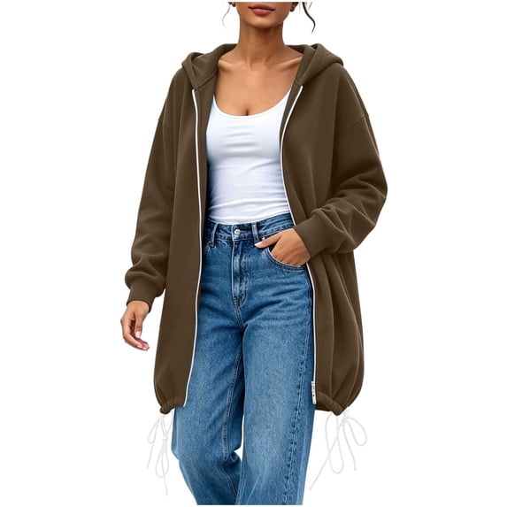Aezemi Women Long Hooded Sweatshirts Elastic Hem Full Zip Fashion Fall Winter Hoodie Outfits with Pockets Zip up Long Sleeve Trendy Daily Blouses XL