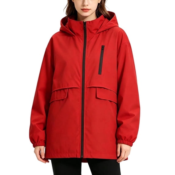 Aezemi Women Long Sleeve Rain Jacket Hooded Zip up Tunic Windbreaker Waterproof Fashion Outdoor Hiking Raincoats Full Zip Casual Trendy Workout Winter Fall Outerwear S
