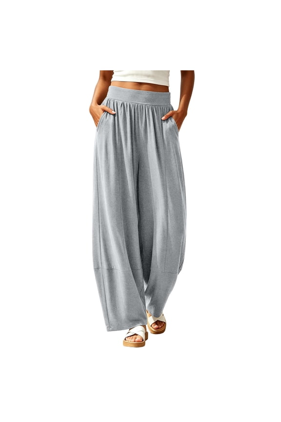 Women Long Sweat Pants, High Waisted Ruched Barrel Leg Workout Pants, Home Casual Sports Curved Leg Soft Trousers with Pockets M