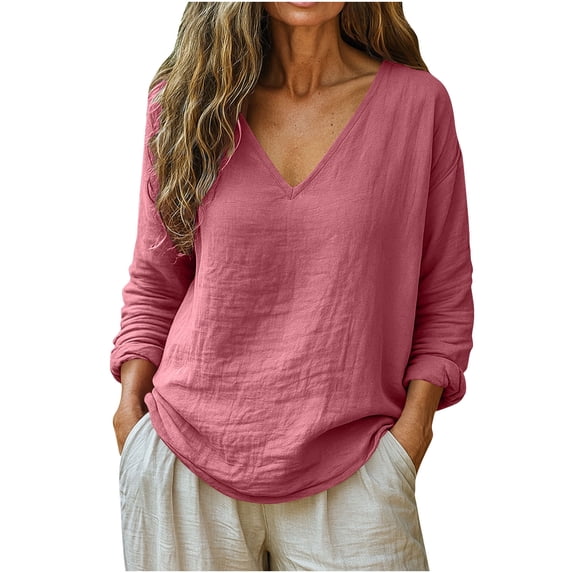 Aezemi Women Loose Cotton Linen Shirts Long Sleeve V Neck Lightweight Fashion Curved Hem Casual Tees Baggy Trendy Comfy Pullover Tunic Fall Spring Tops XXL