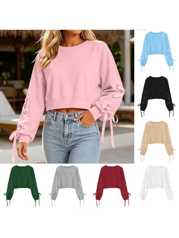 Women Loose Crop Sweatshirts Tie Side Round Neck Loose Fit Long Sleeve Blouses Fall Spring Fashion Outdoor Tops L