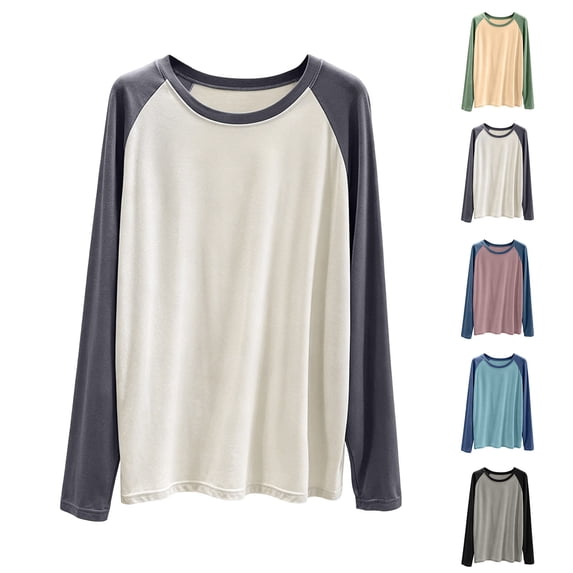 Aezemi Women Loose Fit Pajama Shirts Round Neck Long Sleeve Comfy Color Blocks Undershirts Lightweight Soft Casual Home Sleep Tops XL