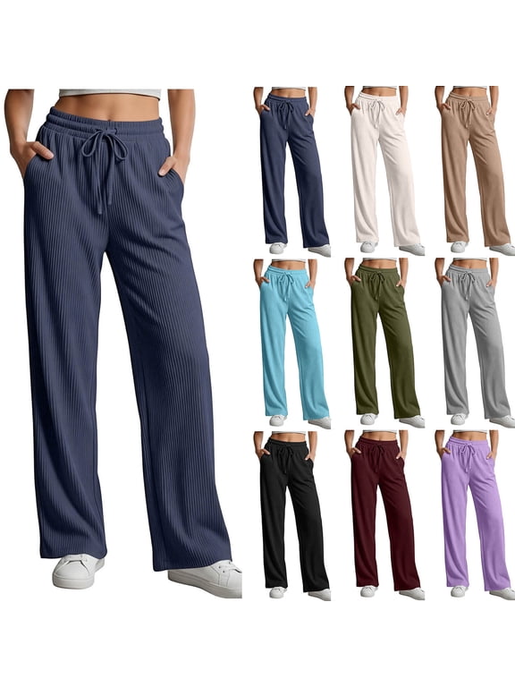 Women Ribbed Knit Pants Straight Leg Elastic Waist Drawstring Sweat Pants Summer Fall Workout Casual Outdoor Comfy Trousers with Pockets M