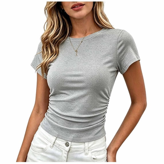 Aezemi Women Ruched Side Shirt, Summer Short Sleeve Slim Fit Ruched Tshirts, Fashion Outdoor Summer Womens Tops