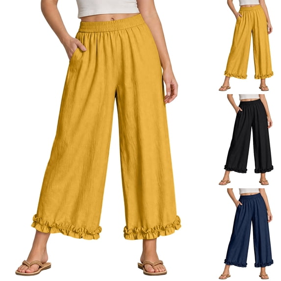 Aezemi Women Ruffle Cropped Pants Fashion Elastic Waist Loose Fit Straight Leg Cropped Pants Trendy Outdoor Palazzo Vacation Beach Casual Trousers with Pockets 3XL