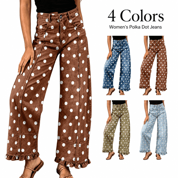 Aezemi Women Ruffle Jean Pants Dots Printed Button Elastic Waist Fashion Barrel Curved Leg Trendy Jeans Summer Spring Outdoor Streetwear Ruched Hem Trousers with Pockets L