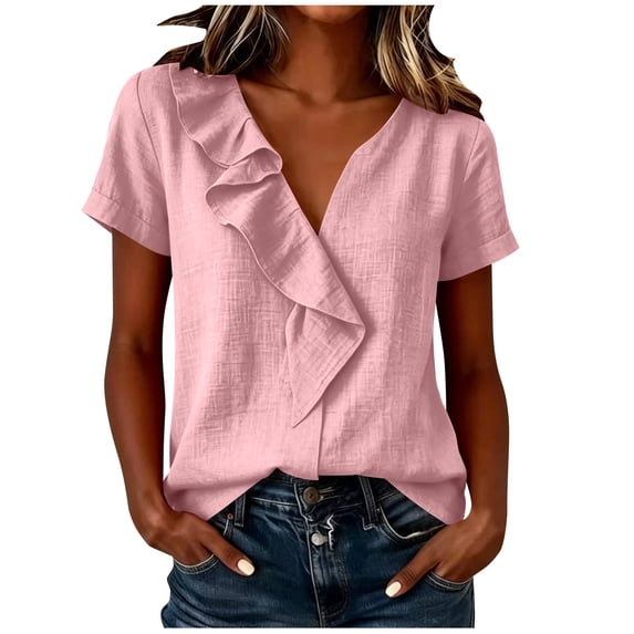 Aezemi Women Ruffle V Neck Shirts Summer Fashion Pullover Faux Linen Cotton Lightweight Beach Vacation Tops Womens Trendy Outdoor Comfy Casual Lightweight Tees XL