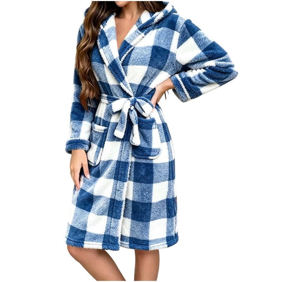 Aezemi Women Soft Long Hooded Robe Plaid Fleece Long Sleeve Knee Length Homewear Nightgown Pajamas with Pockets Housecoat Bathrobe for Relaxing Mornings, Peaceful Evenings, Everyday Home Moments