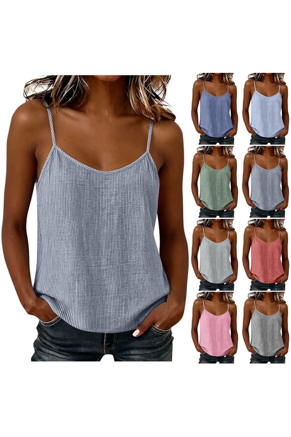 Women Spaghetti Strap Tank Tops, Striped Printed Adjustable Strap Sleeveless Pullover Tees, Faux Cotton Linen Vacation Beach Undershirts