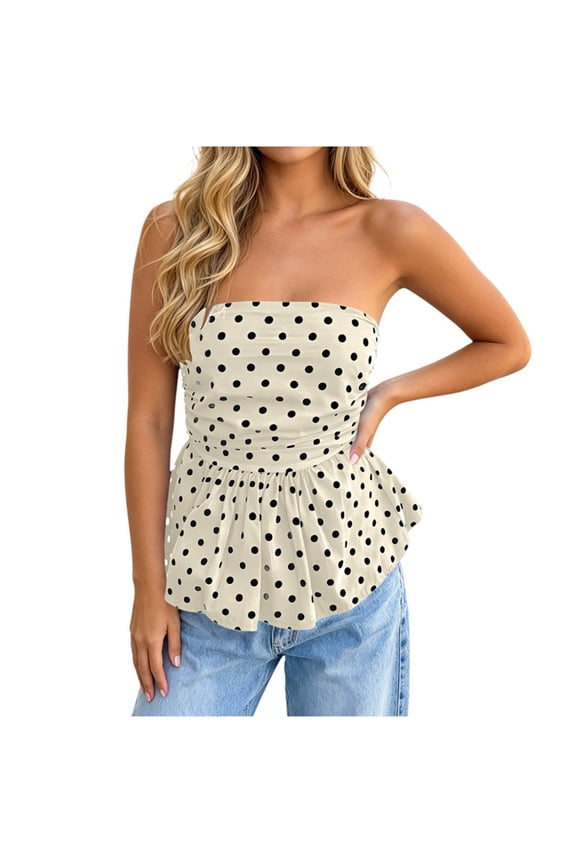 Women Strapless Tank Tops, Sleeveless Tube Ruched Fashion Bandeau Tanks, Peplum Open Back Trendy Summer Vacation Blouse