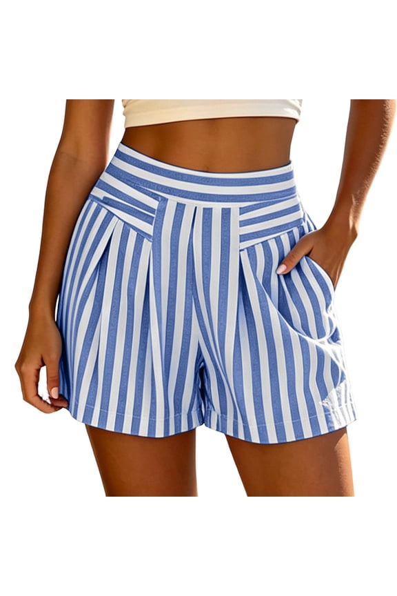 Women Striped Beach Shorts - Wide Leg Pleated Loose Faux Linen Cotton Shorts High Waisted Summer Vacation Casual Bottoms with Pockets, S-3XL