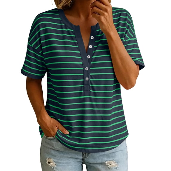 Aezemi Women Striped Button Shirts Pullover Loose Fit Short Sleeve Summer Daily Home Fashion Tees Baggy Outdoor Work Walking All Match Soft Casual Tops XXL