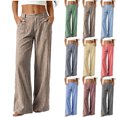 thumbnail image 1 of Aezemi Women Striped Elastic Waist Pants, Faux Linen Cotton Button up Straight Leg Pants, Summer Beach Outdoor Vacation Fashion Trousers with Pockets, 1 of 6