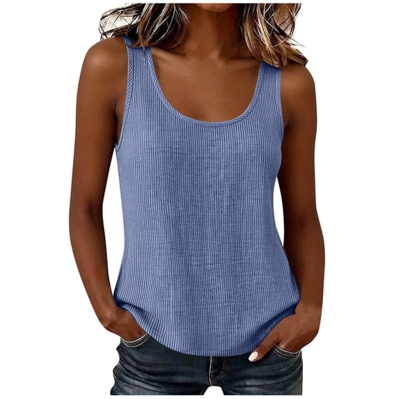 Aezemi Women Striped Sleeveless Tank Tops, Faux Linen Cotton Round Neck Pullover Blouse, Lightweight Summer Beach Outdoor Tank Top