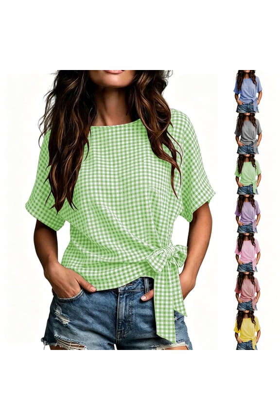Women Tie Bow Shirts Plaid Loose Fashion Half Sleeve Round Neck Pullover Blouses Summer Trendy Side Twist Tops