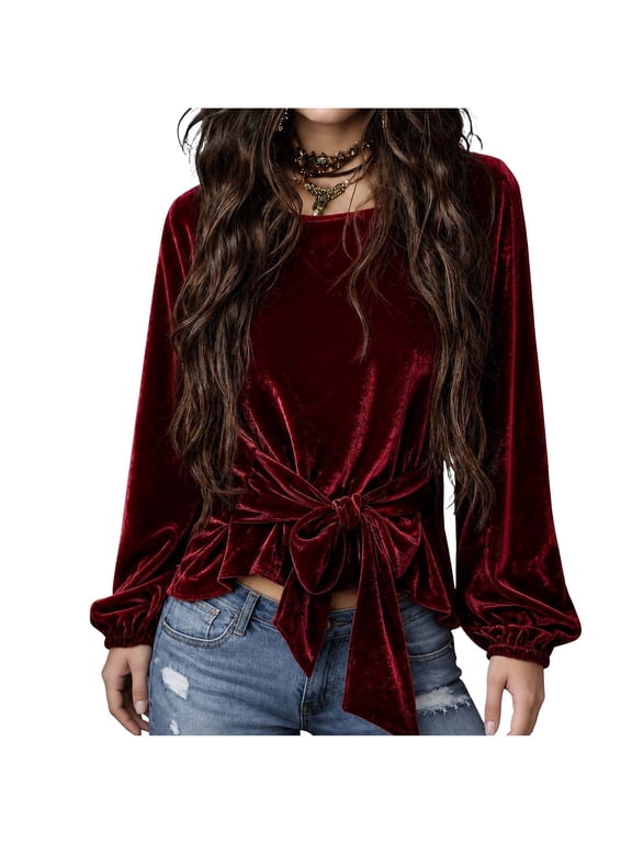 Women Tie Winter Shirts Long Sleeve Fashion Pullover Outdoor Comfy Fall Blouses Trendy Round Neck Soft Outerwear Street All Match Casual Tees L