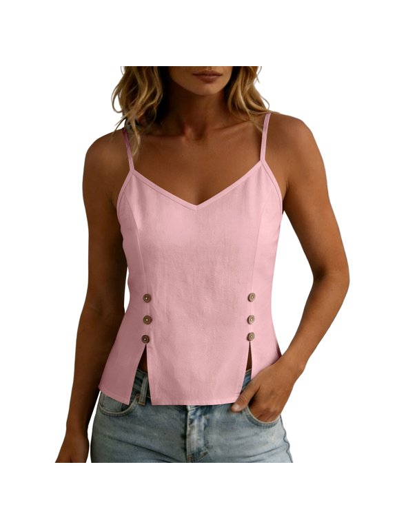 Women V Neck Camisole Tops, Split Hem Button Spaghetti Strap Loose Fit Cami Tank Top, Summer Beach Vacation Casual Outfits