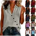 thumbnail image 1 of Aezemi Women V Neck Collared Tank Tops, Faux Cotton Linen Button Sleeveless Shirts, Summer Fashion Casual All Match Tank Top with Pocket, 1 of 7