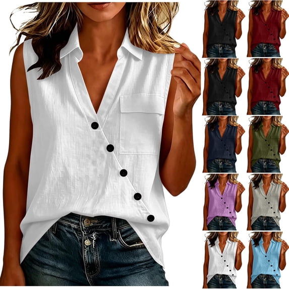 Aezemi Women V Neck Collared Tank Tops, Faux Cotton Linen Button Sleeveless Shirts, Summer Fashion Casual All Match Tank Top with Pocket