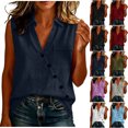 thumbnail image 1 of Aezemi Women V Neck Collared Tank Tops, Faux Cotton Linen Button Sleeveless Shirts, Summer Fashion Casual All Match Tank Top with Pocket, 1 of 7