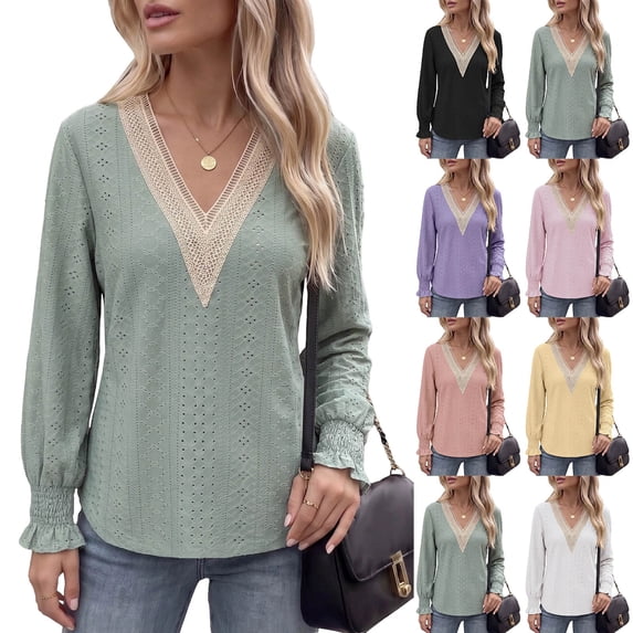 Aezemi Women V Neck Lace Shirts Hollow out Eyelet Smocked Ruffled Cuffs Fashion Blouses Winter Fall Loose Fit Long Sleeve Outerwear Top XL
