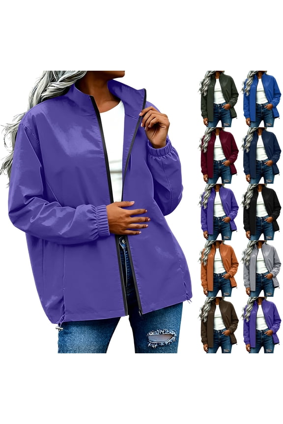 Women Waterproof Long Jacket with Drawstring Hem Collared Zip up Lightweight Elastic Cuffs Windbreaker Raincoats Fashion Tunic Casual Winter Fall Hiking Outerwear with Pockets S