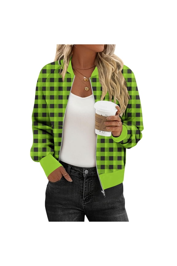 Women Zip up Plaid Jacket Plaid Printed Long Sleeve Fashion Outerwear Winter Fall Full Zip Trendy Casual Shacket with Pockets S