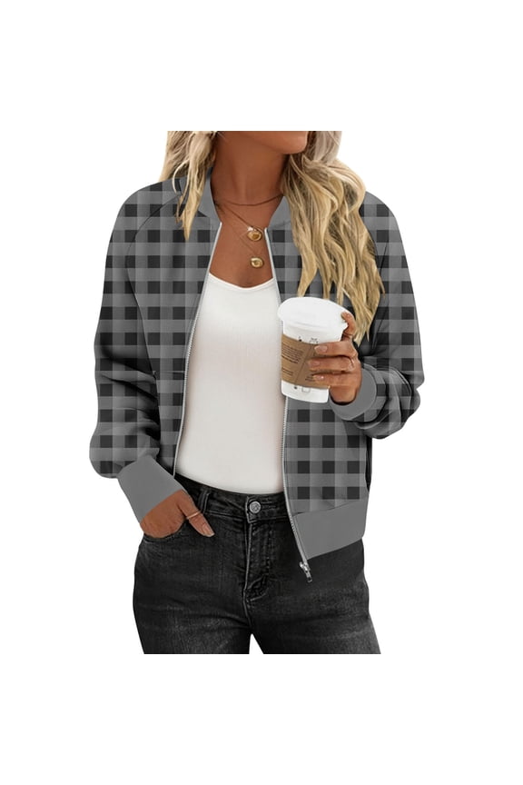 Women Zip up Plaid Jacket Plaid Printed Long Sleeve Fashion Outerwear Winter Fall Full Zip Trendy Casual Shacket with Pockets XXL