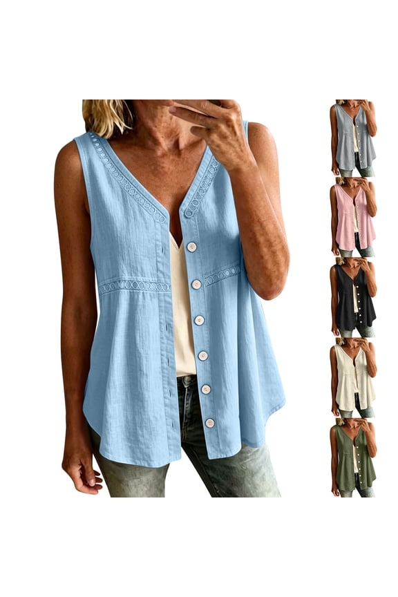Women’s Button up Tank Tops, V Neck Flowy Embroidered Open Front Sleeveless Shirts, Loose Fit Summer Going out Tops, M-3XL