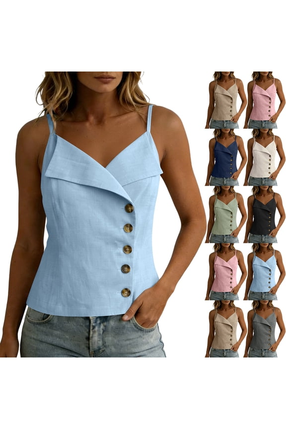 Women's Spaghetti Strap Cami Tops, Asymmetrical Button Front Sleeveless Shirts, V Neck Casual Summer Vacation Camisole Tops
