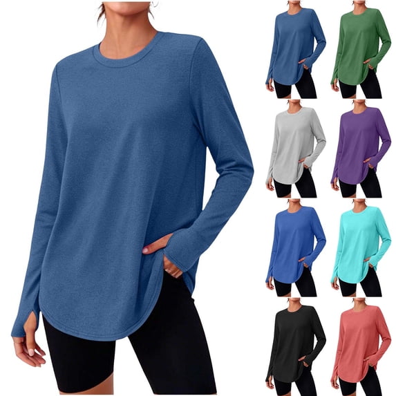 Aezemi Women's Workout Tops Long Sleeve Soft Flowy Round Neck Shirts Curved Hem Quick Dry Comfy Sports Shirts for Hiking Running L
