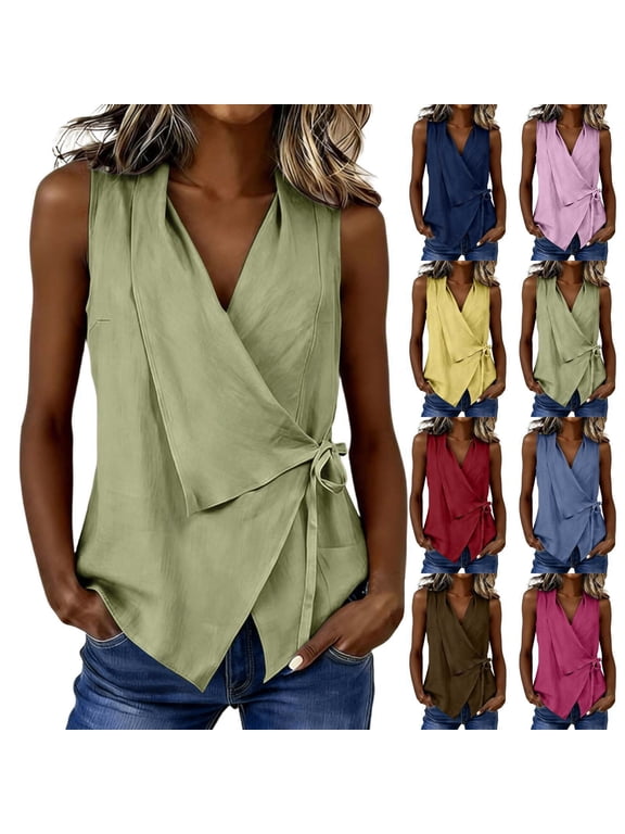 Women's Wrap Sleeveless Tank Tops, Ruched V Neck Tie Waist Blouses, Casual Summer Boho Beach Vacation Tanks