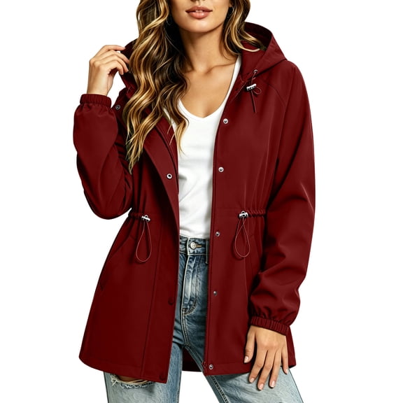 Aezemi Womens Adjustable Hoodie Jackets with Drawstring Waist, Button Tunic Waterproof Comfy Winter Fall Outdoor Long Raincoats, Button Fashion Hiking Camping Casual Hooded Blouses S