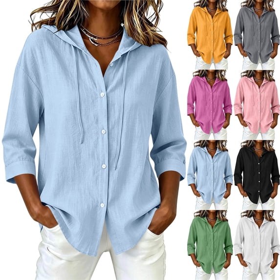 Aezemi Womens Button Hoodie Shirts Lightweight 3/4 Sleeve Loose Fit Drawstring Hooded Faux Cotton Linen Blouses Summer Spring Beach Vacation Sun Protection Tees L