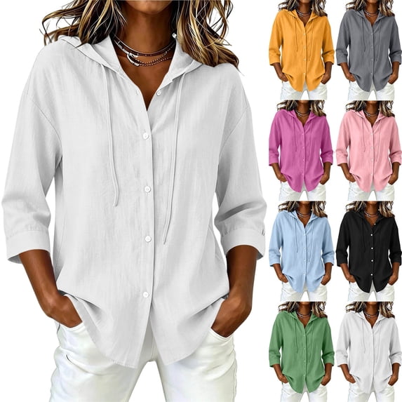 Aezemi Womens Button Hoodie Shirts Lightweight 3/4 Sleeve Loose Fit Drawstring Hooded Faux Cotton Linen Blouses Summer Spring Beach Vacation Sun Protection Tees XXL