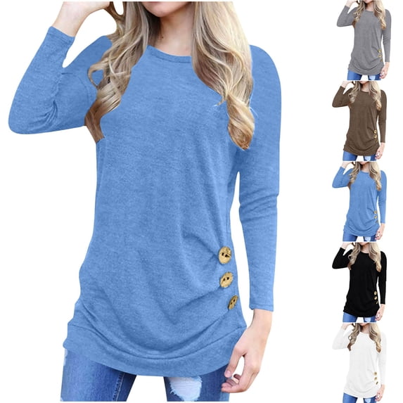 Aezemi Womens Button Side Shirts Round Neck Pleated Fashion Long Sleeve Pullover Outdoor Tops Trendy Comfy Spring Fall Casual All Match Shirts M