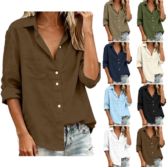Aezemi Womens Button down Work Blouses, Faux Cotton Linen Collared Dress Long Sleeve Shirts, Summer Fall Office Business Casual Dressy Tops, S-3XL