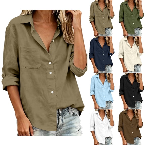 Aezemi Womens Button down Work Blouses, Faux Cotton Linen Collared Dress Long Sleeve Shirts, Summer Fall Office Business Casual Dressy Tops, S-3XL