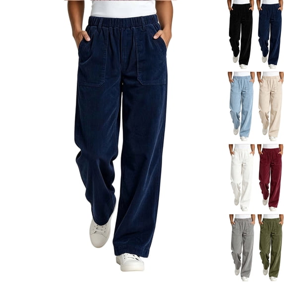 Aezemi Womens Corduroy Straight Leg Pants Winter Elastic Waist Comfy Outdoor Fashion Pants Pull on Fall Casual Workout Trousers with Pockets L