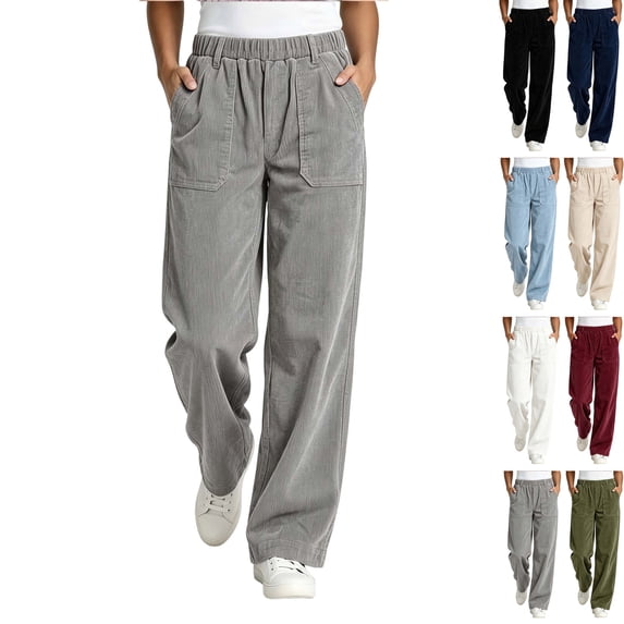 Aezemi Womens Corduroy Straight Leg Pants Winter Elastic Waist Comfy Outdoor Fashion Pants Pull on Fall Casual Workout Trousers with Pockets L