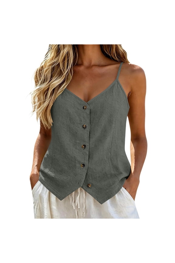 Womens Cotton Linen Cami Tops, Button down V Neck Adjustable Spaghetti Straps Undershirts, Summer Beach Vacation Comfy Fashion Tank Tops